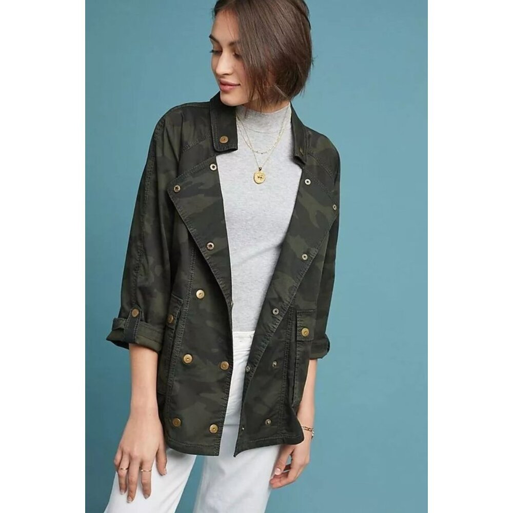 Anthropologie Marrakech‎ Double-Breasted Jacket S Camo Green Anorak Cargo Safari